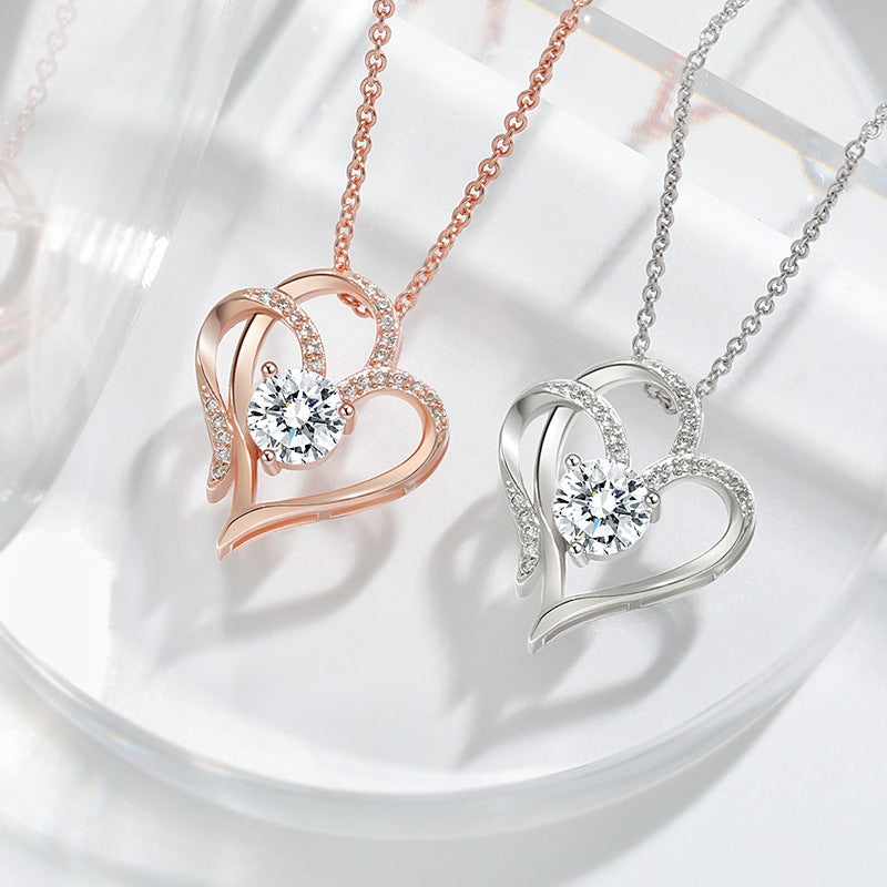 Perlevida double heart necklace for women with sparkling rhinestone accents in White Gold