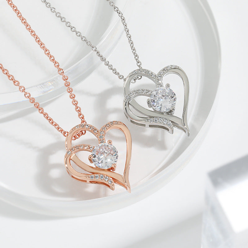 Perlevida double heart pendant necklace  with sparkling rhinestone accents